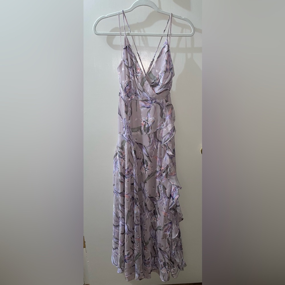 Astr The Label V-Neck Printed Holland Ruffled Cascade Maxi Dress Lilac - Picture 3 of 7